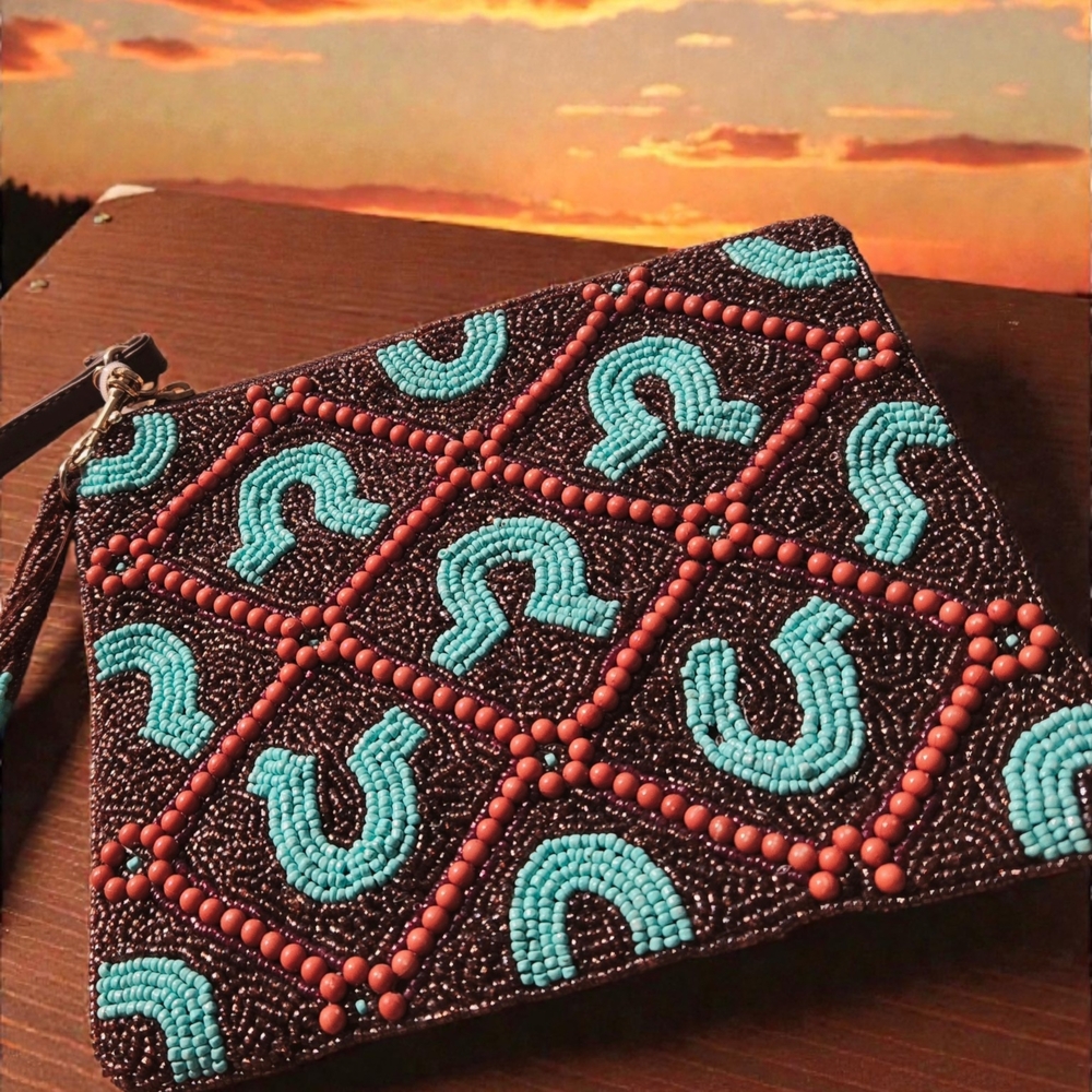 NEW Sincerely Jules Brown Turquoise Horseshoe Beaded Wristlet Pouch Tassel 8"x7"